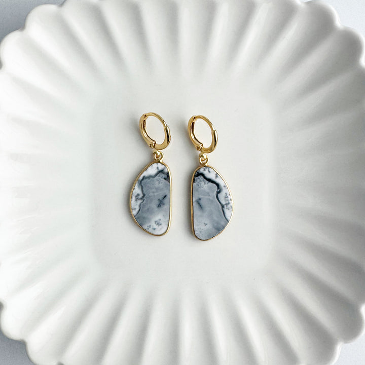 Statement Gemstone Slice Drop Earrings in Gold - Dendrite Opal