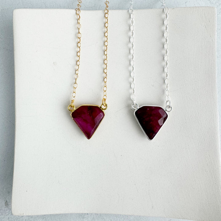 Ruby Triangle Bezel Necklace in Gold and Silver