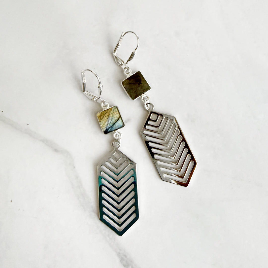 Labradorite Chevron Dangle Earrings in Silver
