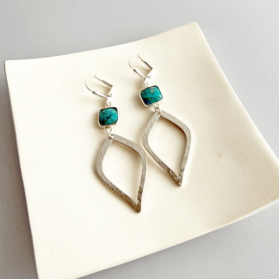 Turquoise Halo Drop Dangle Earrings in Brushed Silver