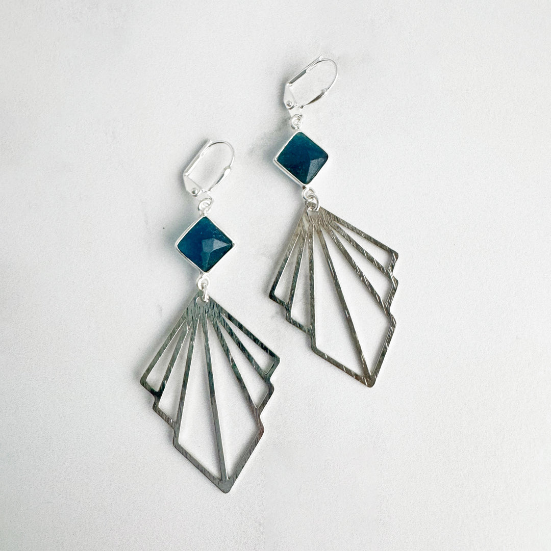 Apatite and Layered Fan Statement Earrings in Brushed Silver