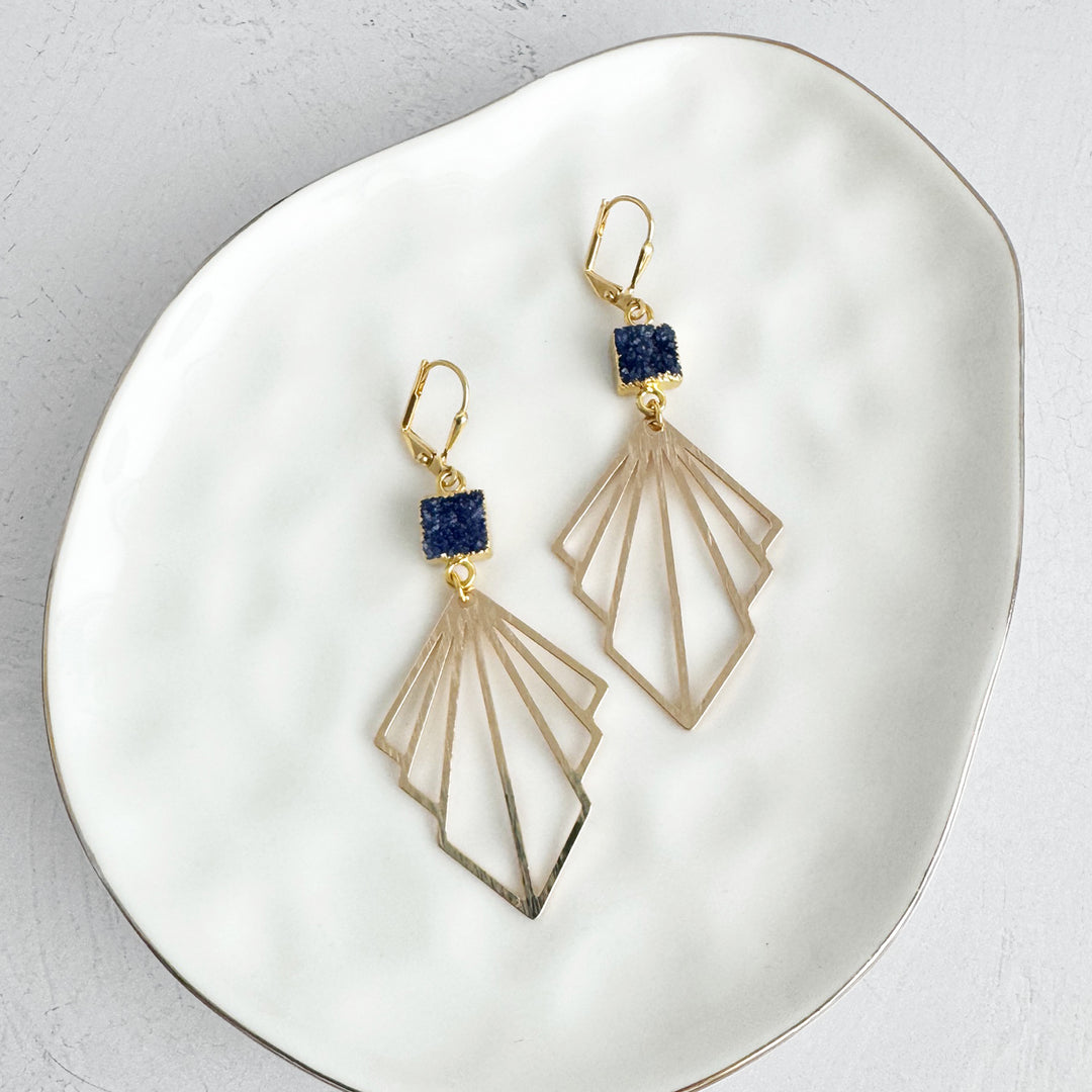 Indigo Druzy and Layered Fan Statement Earrings in Brushed Gold and Silver