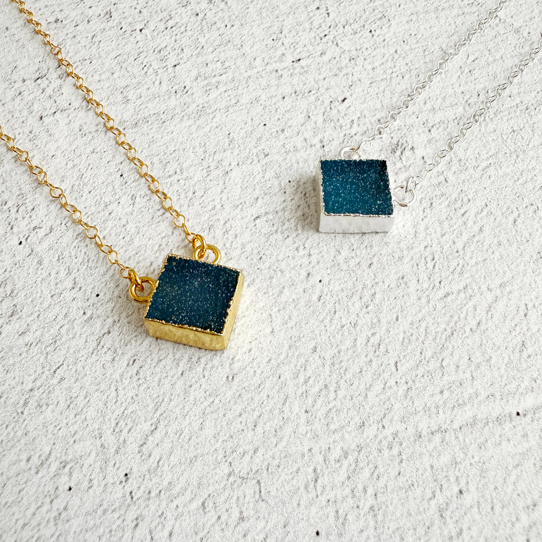 Blue Druzy Diamond Shape Pendant Necklace