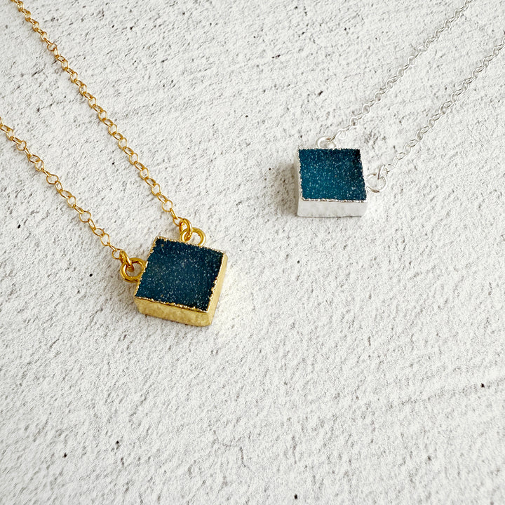 Blue Druzy Diamond Shape Pendant Necklace