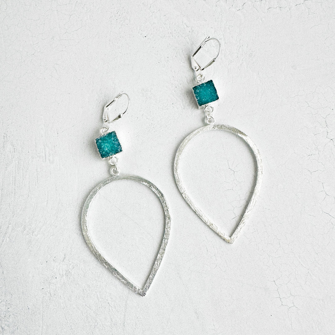 Teal Druzy Inverted Teardrop Earrings in Brushed Silver