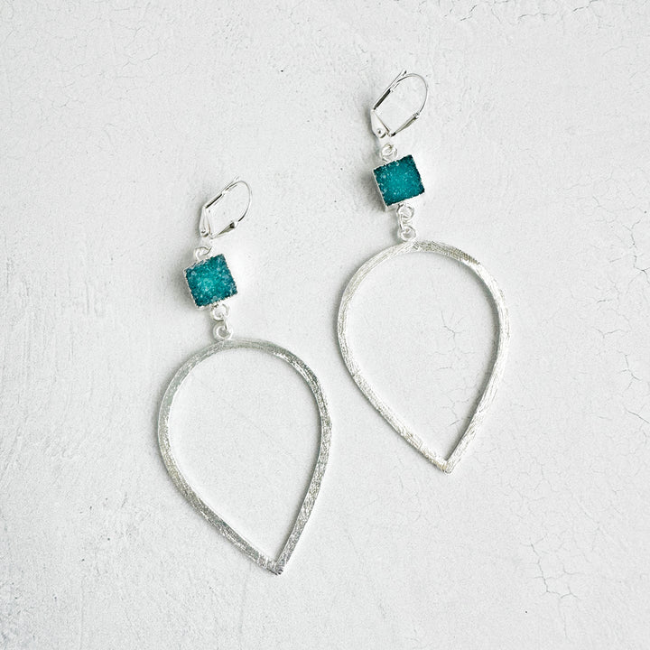 Teal Druzy Inverted Teardrop Earrings in Brushed Silver