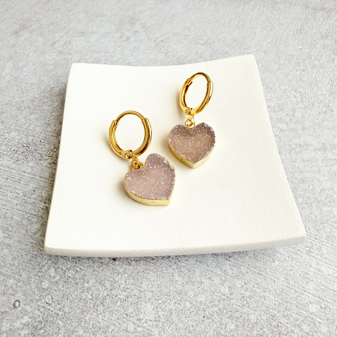 Pale Pink Druzy Heart Huggie Earrings in Gold