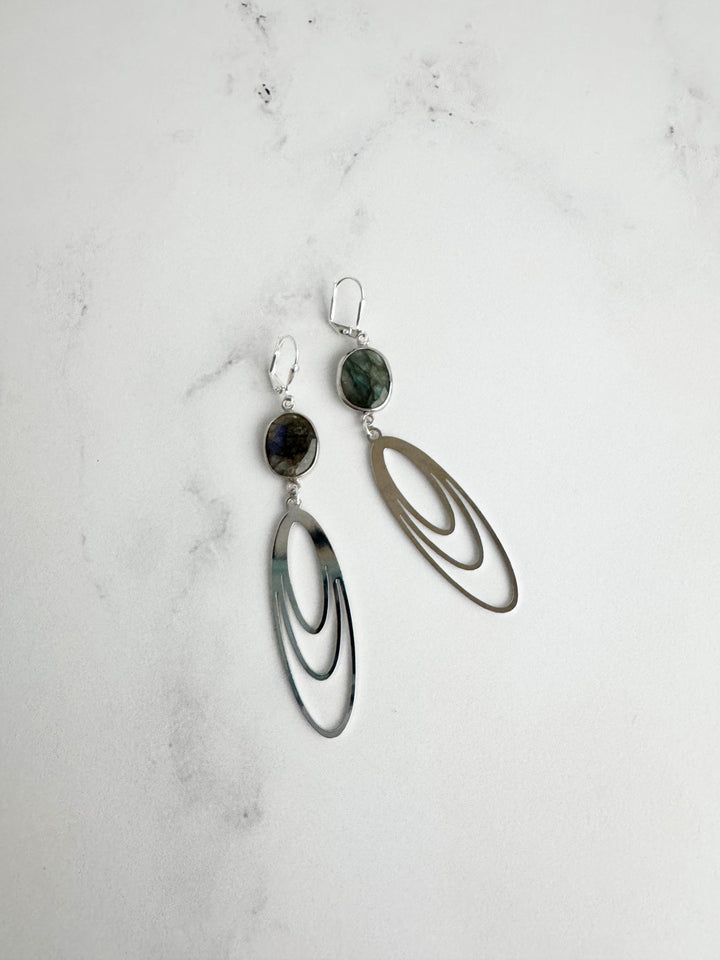 Labradorite Stone and Long Oval Statement Earrings in Silver