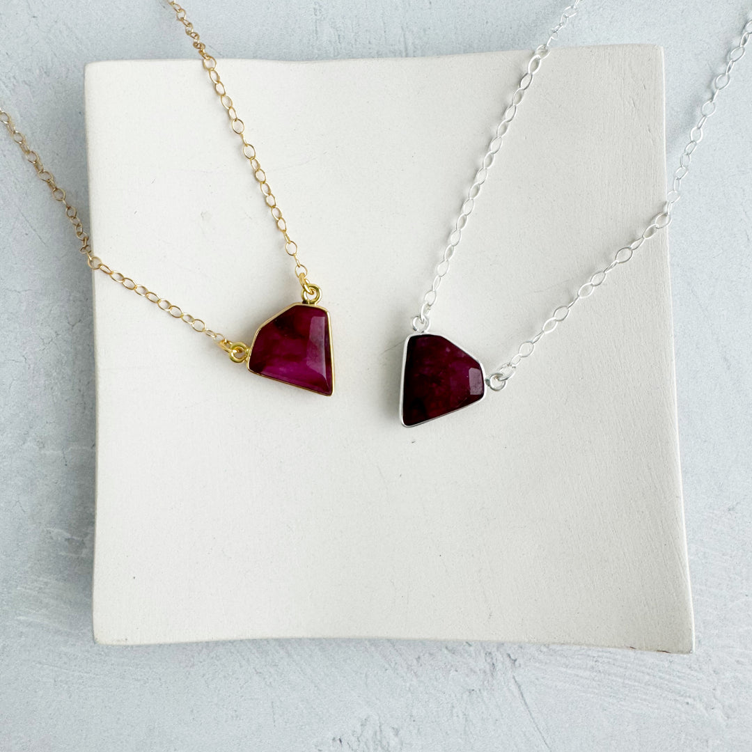 Ruby Triangle Bezel Necklace in Gold and Silver