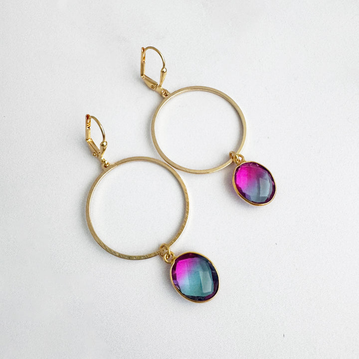 Pink Aura Quartz Hoop Dangle Earrings in Brushed Gold