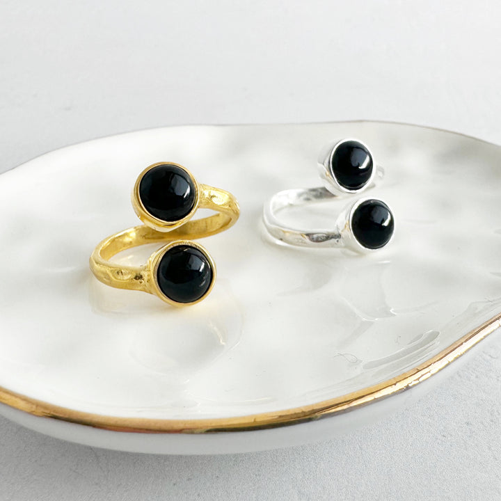 Black Onyx Double Stone Wrap Ring in Gold and Silver