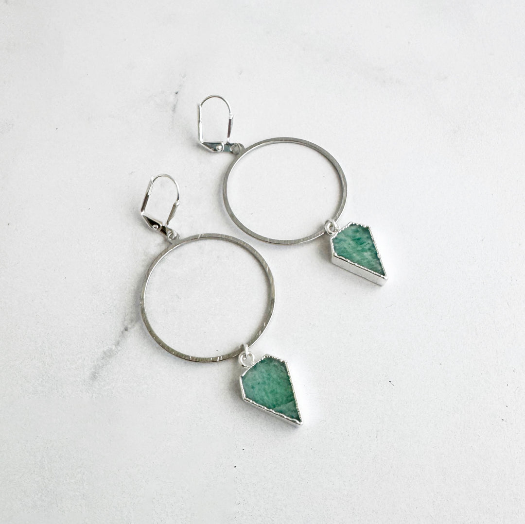 Amazonite Shield Stone Hoop Earrings in Brushed Silver