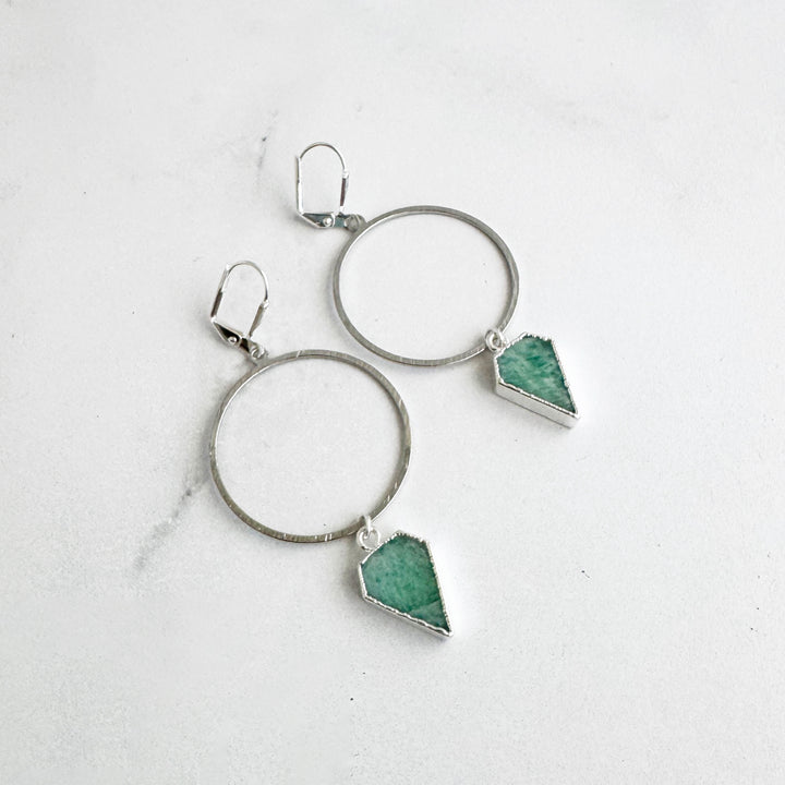 Amazonite Shield Stone Hoop Earrings in Brushed Silver