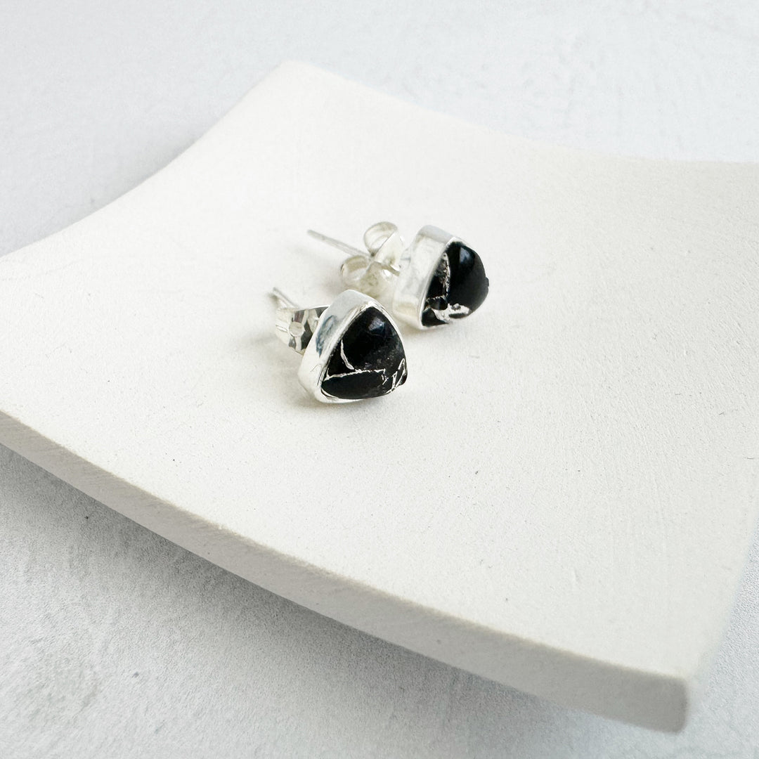 Black Mojave Triangle Stud Earrings in Gold and Silver