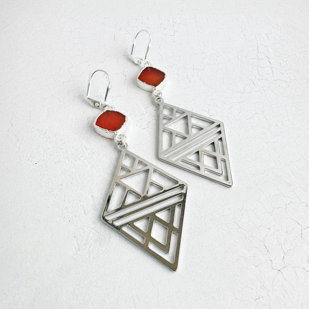 Carnelian and Geometric Diamond Statement Earrings in Silver