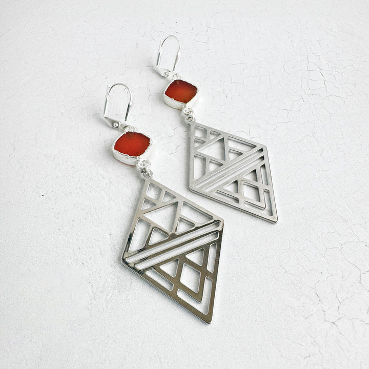 Carnelian and Geometric Diamond Statement Earrings in Silver