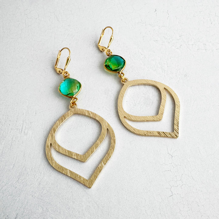 Double Teardrop Dangle Earrings with Green Aura Quartz in Brushed Gold