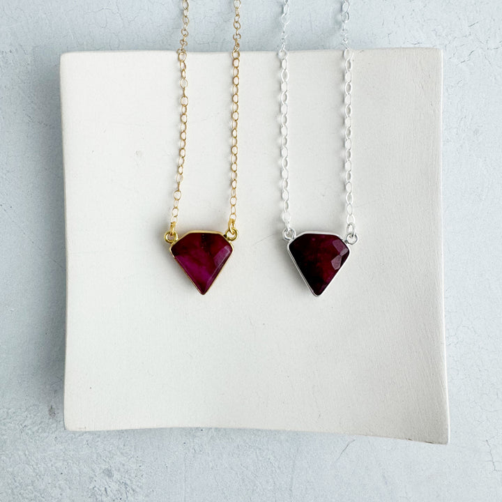 Ruby Triangle Bezel Necklace in Gold and Silver