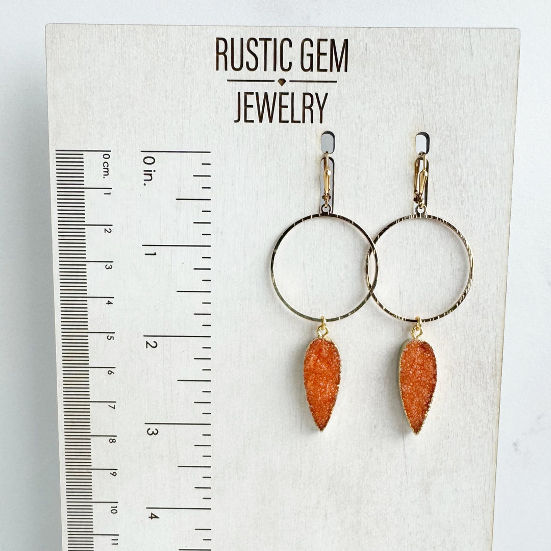 Orange Druzy Statement Hoop Earrings in Gold