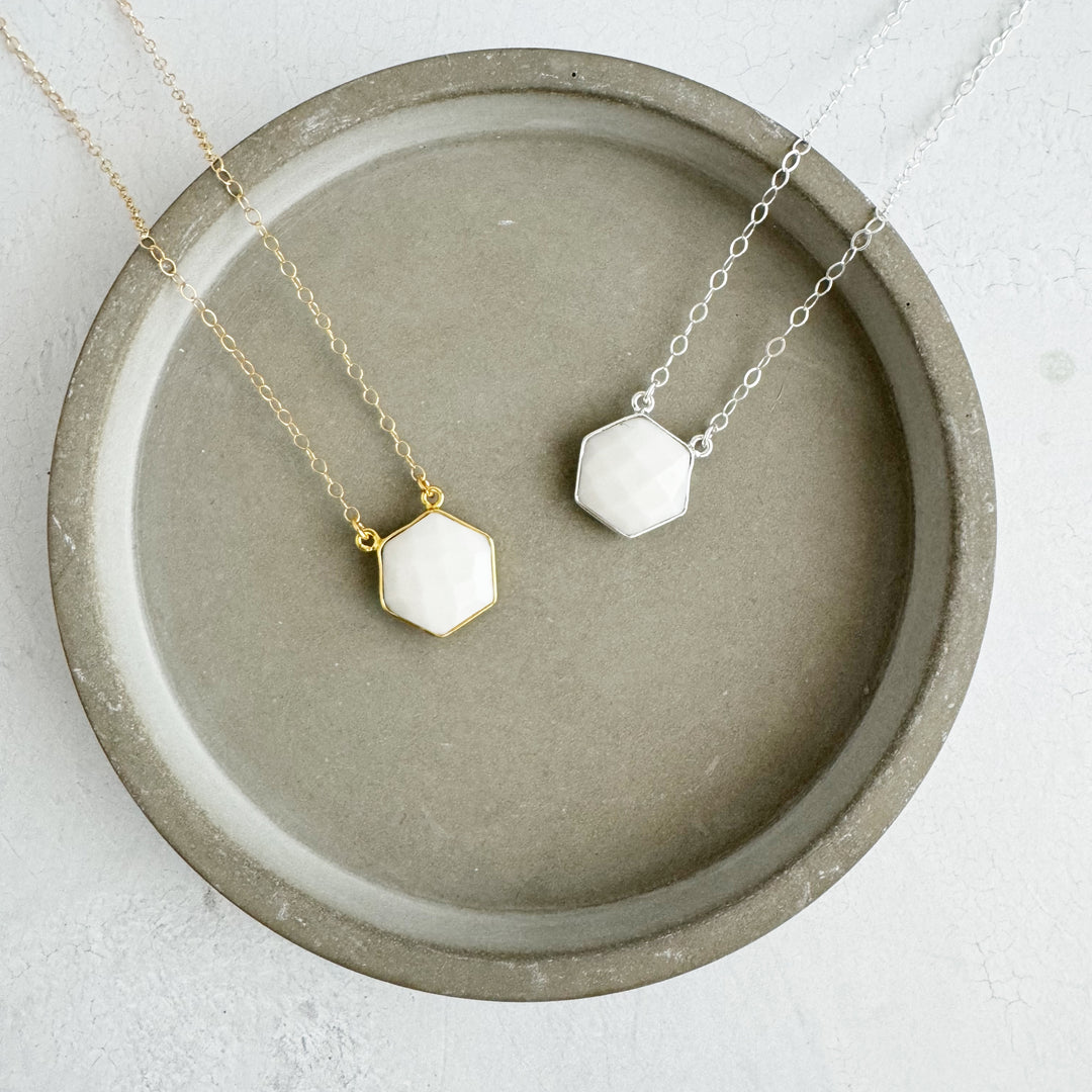 White Agate Hexagon Bezel Necklace in Gold and Silver