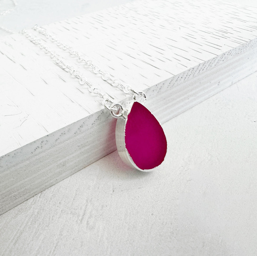 Fuchsia Chalcedony Teardrop Necklace in Gold and Silver