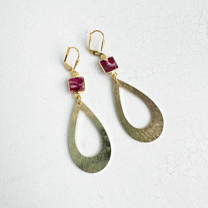 Burgundy Mojave Teardrop Statement Earrings in Brushed Gold