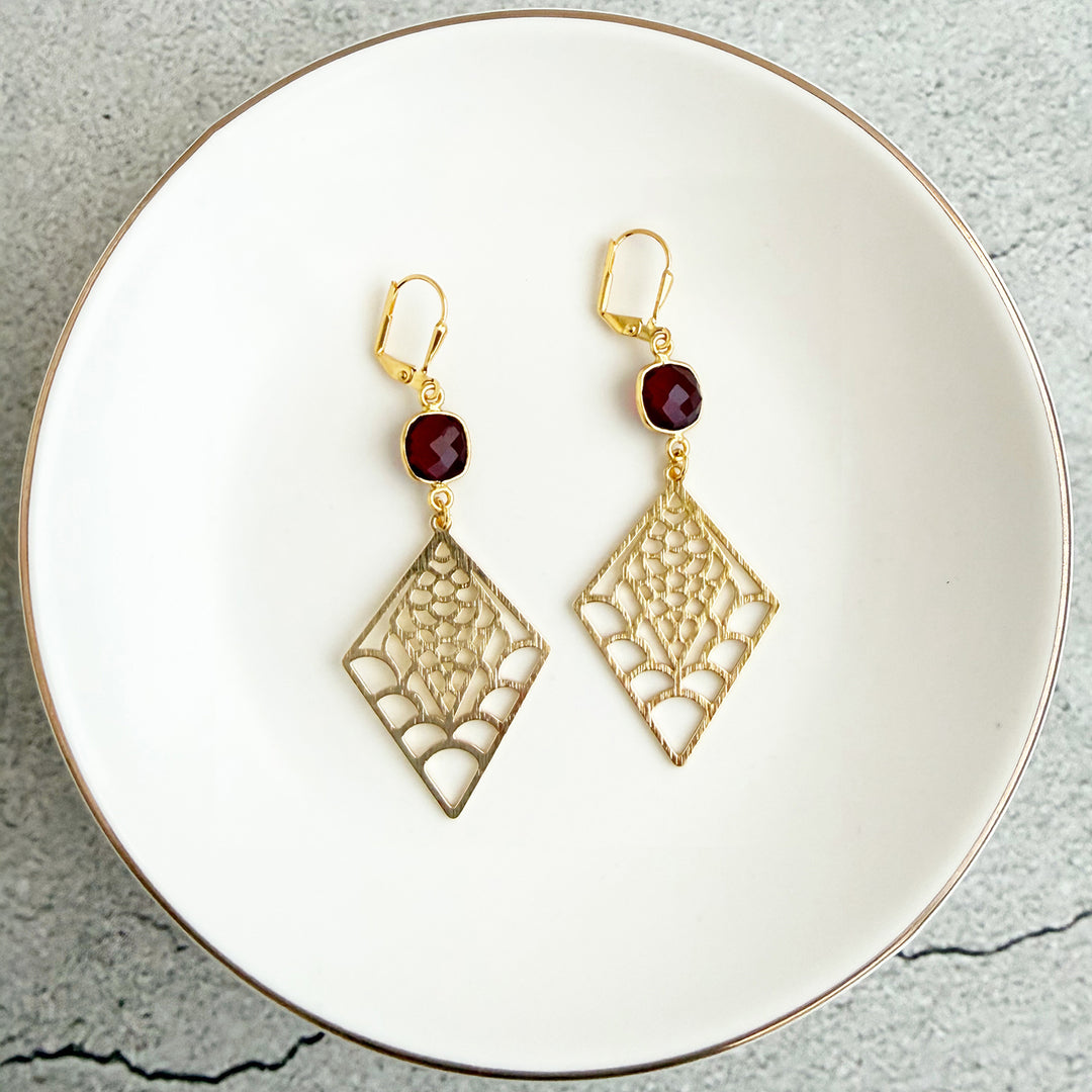 Garnet and Webbed Diamond Dangle Earrings