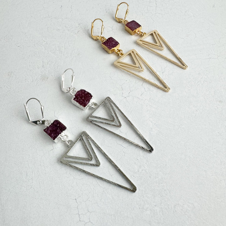 Burgundy Druzy and Layered Triangle Earrings in Brushed Silver or Gold