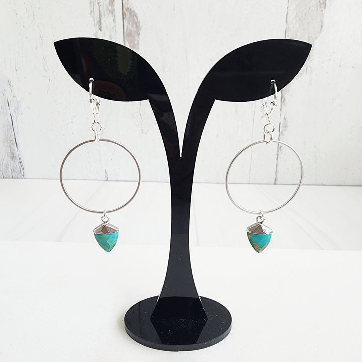 Turquoise Shield Stone Hoop Earrings in Gold or Silver