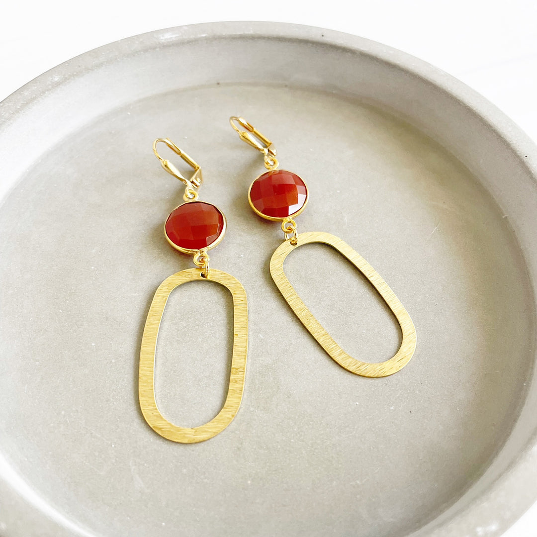 Carnelian Statement Earrings with Brushed Gold Oval Pendants