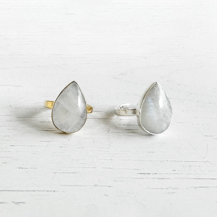 Rainbow Moonstone Teardrop Statement Ring in Gold and Silver
