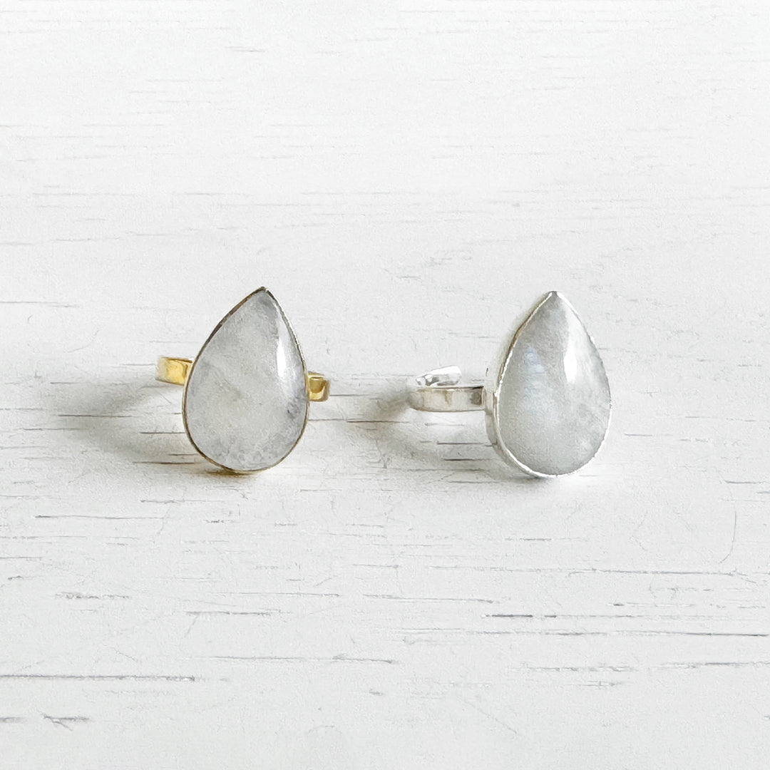 Rainbow Moonstone Teardrop Statement Ring in Gold and Silver