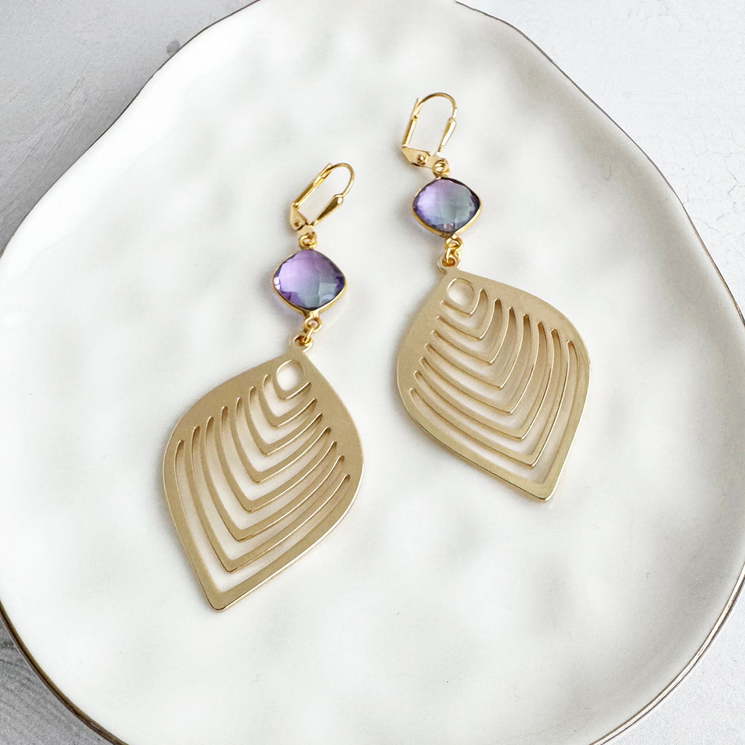 Purple Aura Quartz Marquise Leaf Earrings in Brushed Gold