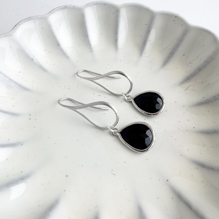 Black Stone Drop Earrings on Teardrop Earwires in Silver