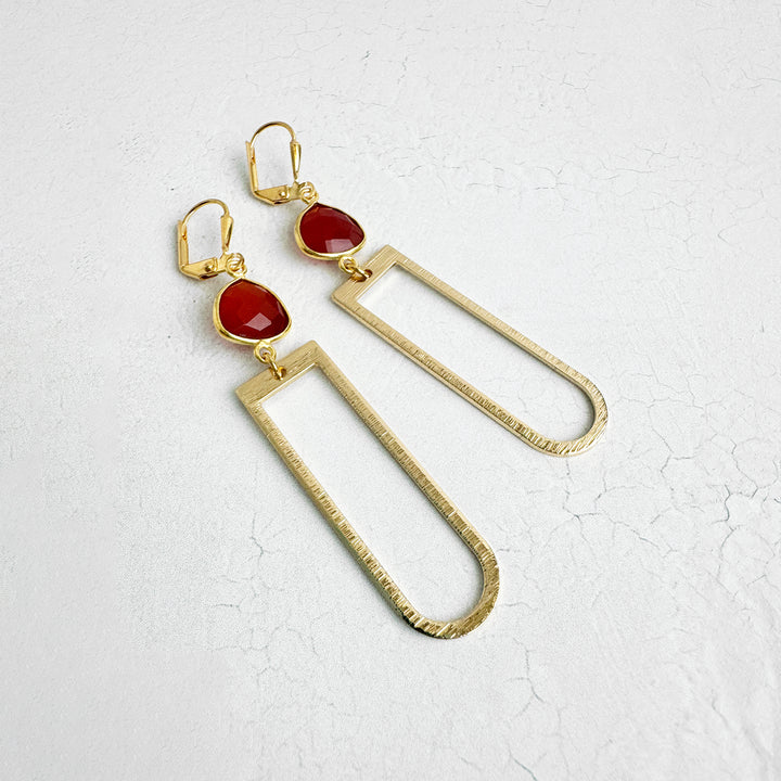 Carnelian Horseshoe Dangle Earrings in Brushed Gold