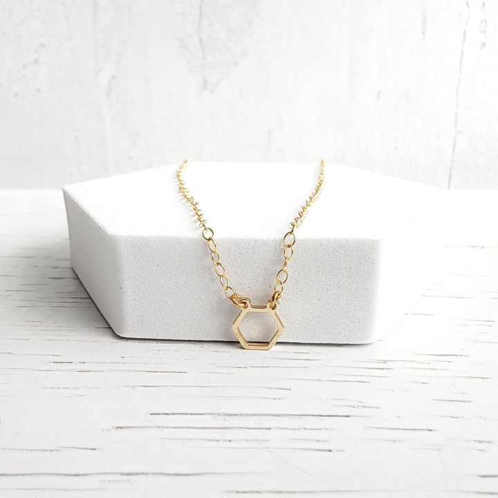 Tiny Hexagon Charm Necklace in 14k Gold Filled