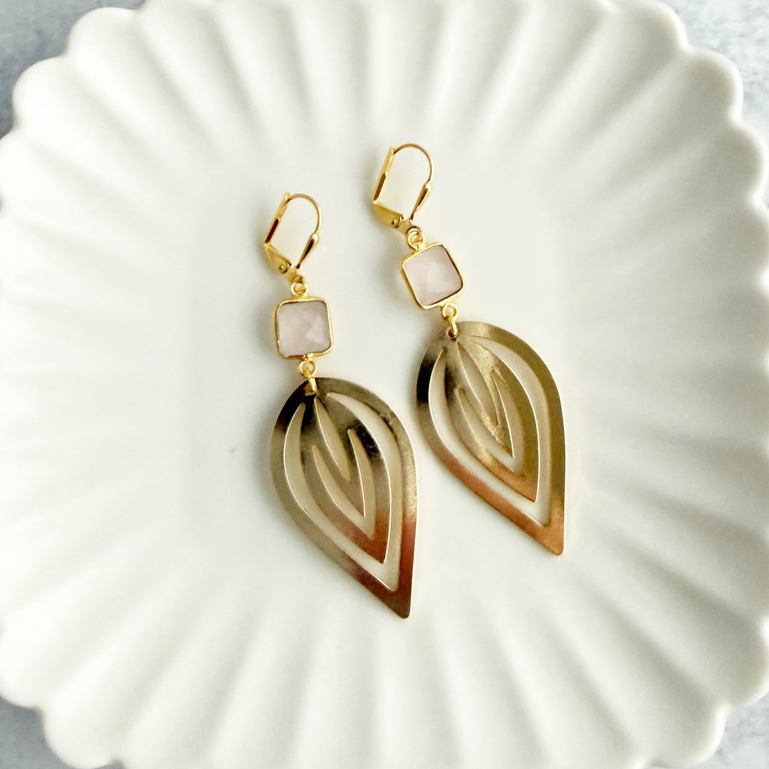 Rose Quartz and Inverted Lotus Statement Earrings in Gold