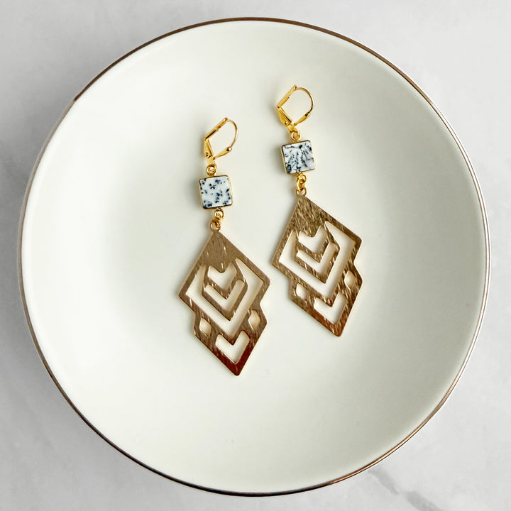 Dendrite Opal Celtic Dangle Earrings in Brushed Gold