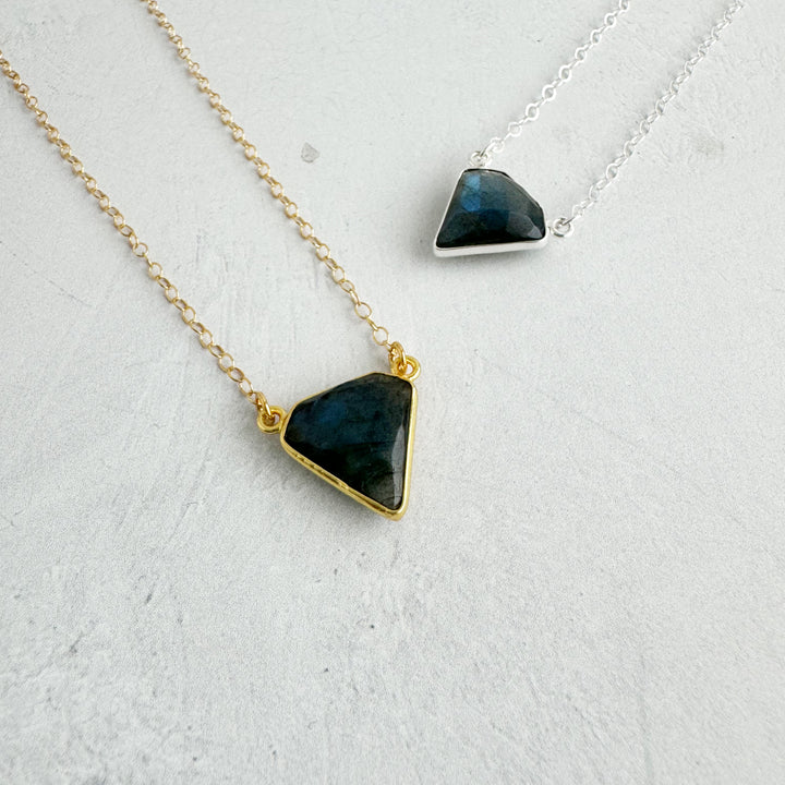 Labradorite Triangle Bezel Necklace in Gold and Silver