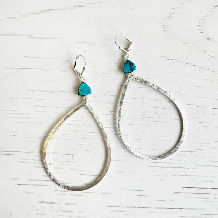 Large Teardrop and Turquoise Dangle Earrings in Brushed Silver