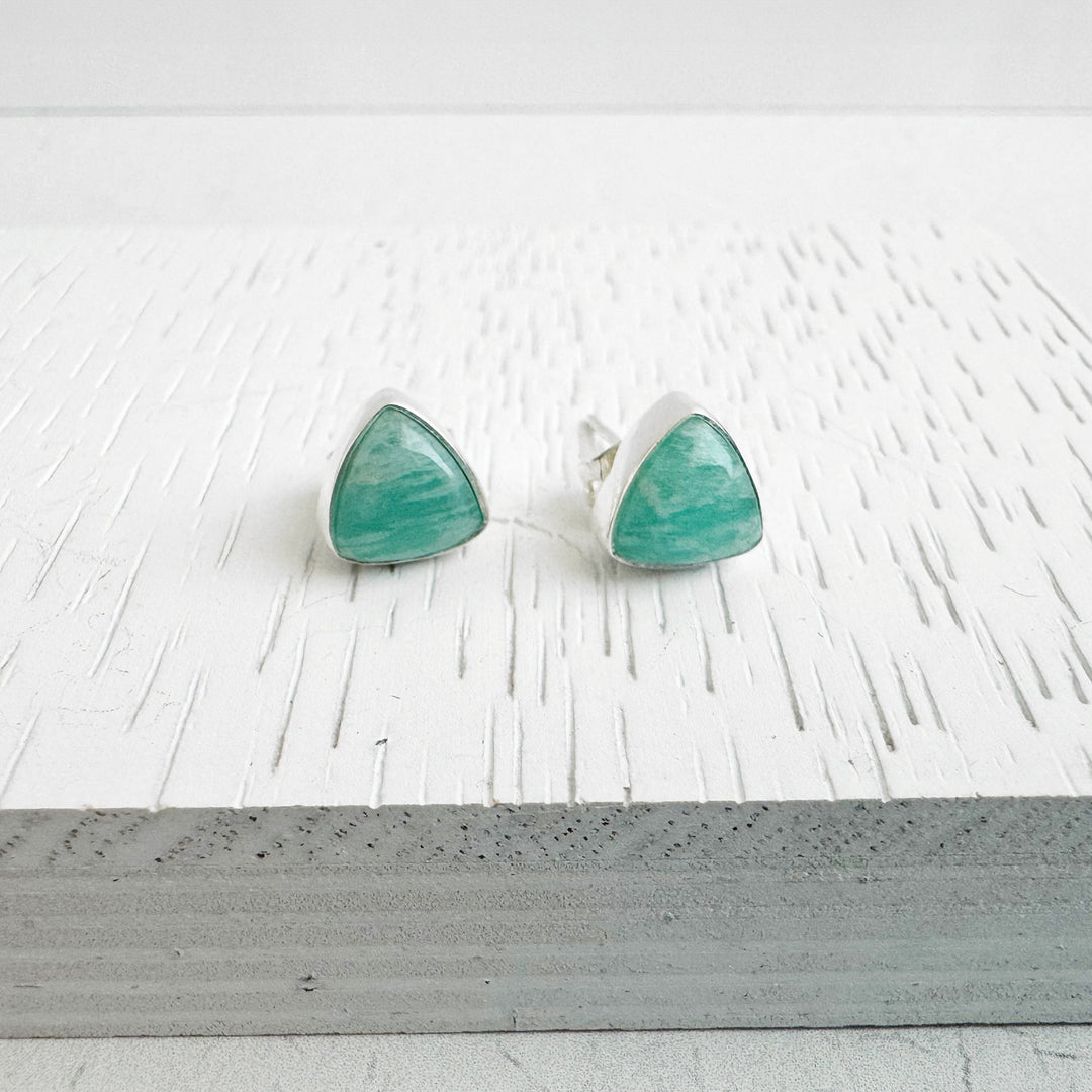 Amazonite Triangle Stud Earrings in Gold and Silver