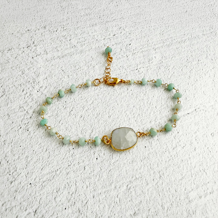 Moonstone and Amazonite Beaded Chain Bracelet in Gold