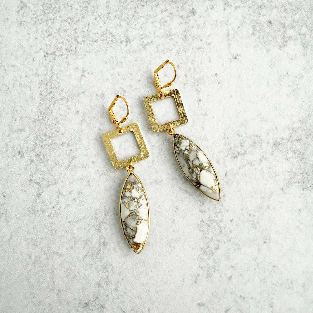 White Mojave Marquise and Square Dangle Earrings in Brushed Gold