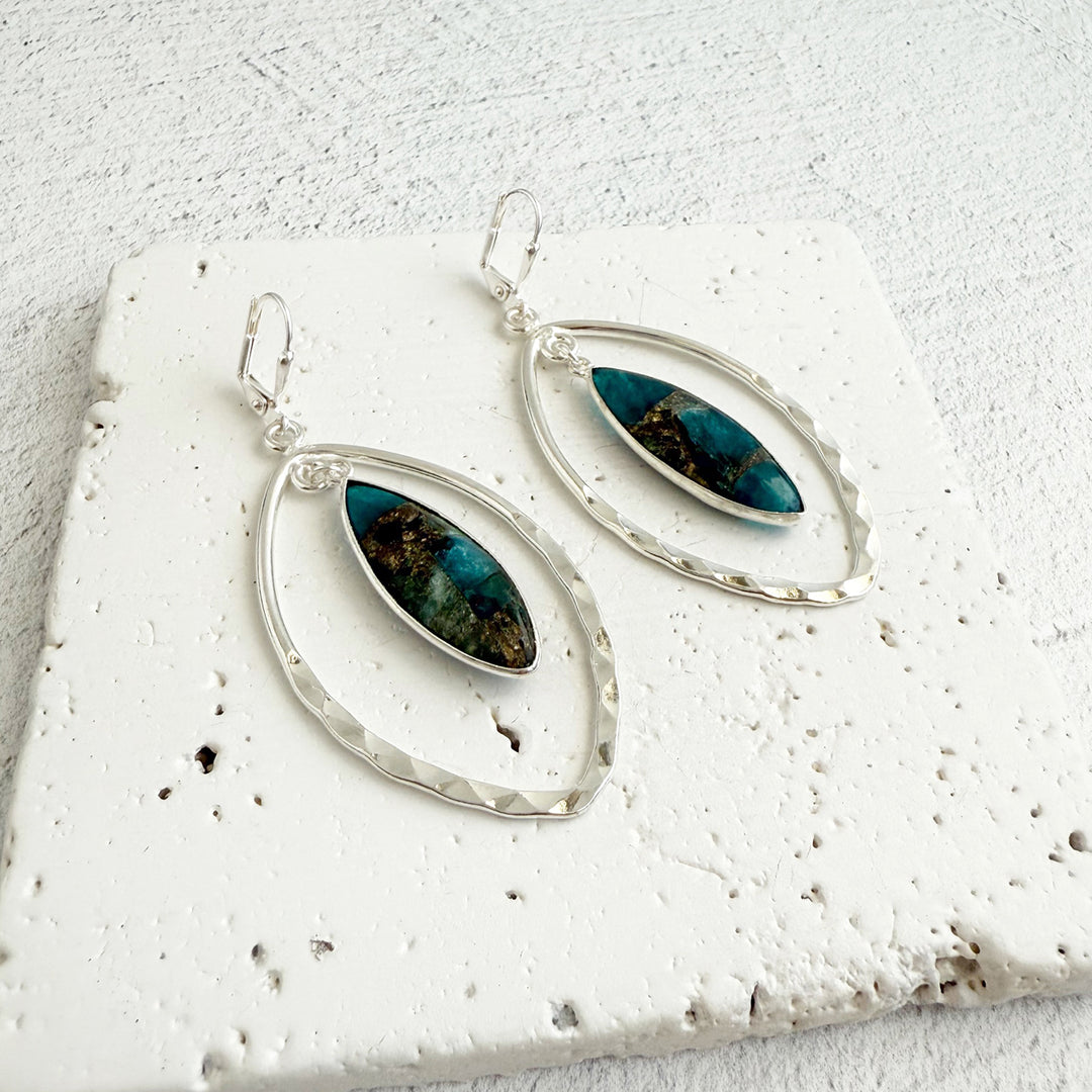 Teal Mojave and Hammered Marquise Dangle Earrings in Silver
