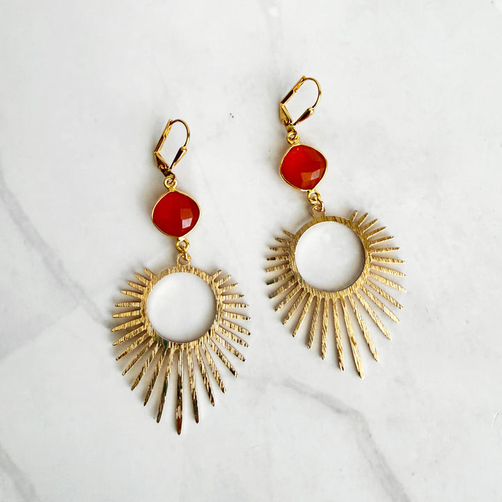 Carnelian Sunburst Statement Earrings in Brushed Gold