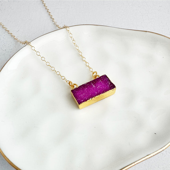 Fuchsia Druzy Bar Necklace in 14k Gold Filled and Sterling Silver