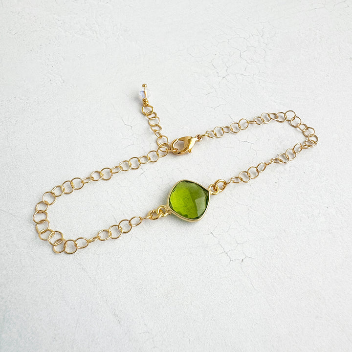 Olive Green Quartz Adjustable Chain Bracelet in 14k Gold Filled