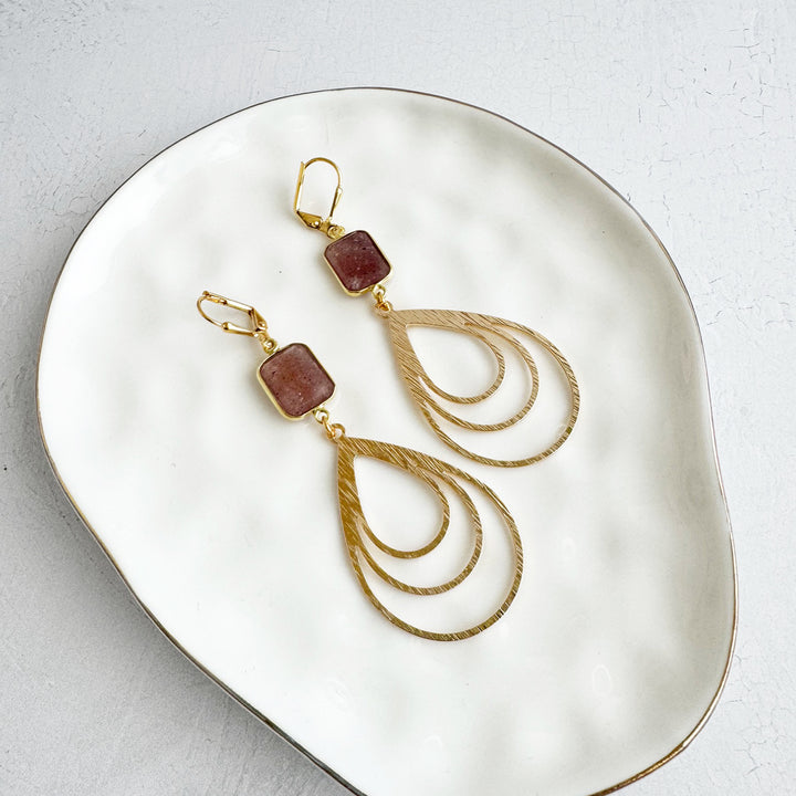 Strawberry Quartz Multiple Teardrop Earrings in Brushed Gold