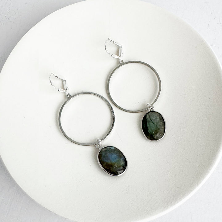 Labradorite Hoop Dangle Earrings in Brushed Silver