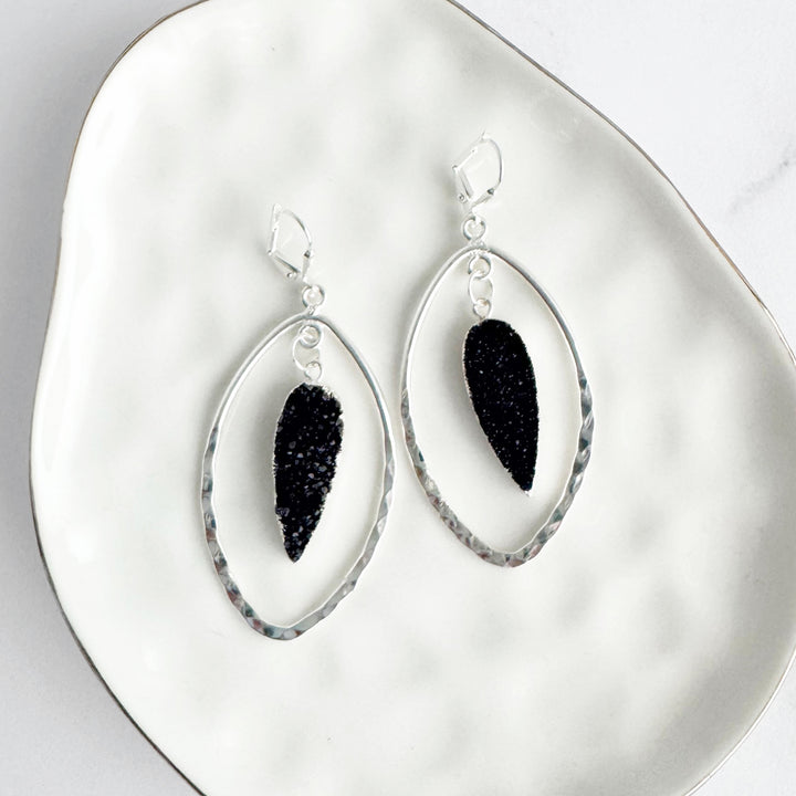 Black Druzy Hammered Marquise Dangle Earrings in Silver